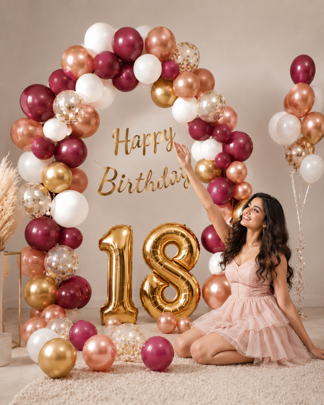 18th Birthday Decoration Kit for Girls – 64 Pcs | Balloons, Foil Numbers & Golden Banner Set