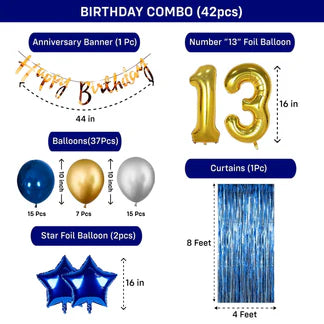 13th Birthday Decoration Kit for Boys & Girls - 42 Pcs, Blue Decoration Kit with Confetti Balloons