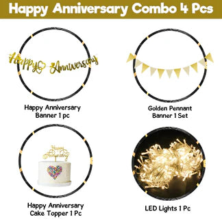 Golden Anniversary Decoration Kit – 4 Pcs | Banner, Cake Topper & LED Fairy Light Combo
