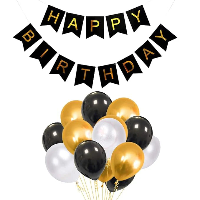 51Pcs Golden-White-Black Balloons Combo with Happy Birthday Banner for 30th, 40th, 50th, 60th, Adult Birthday Decoration