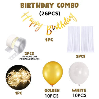 Birthday Decoration Items - 26 Pcs (White & Gold)