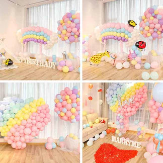 Rainbow Theme Birthday Decoration Kit - 64 Pcs | Pastel Balloons, Fringe Curtains & Arch Roll