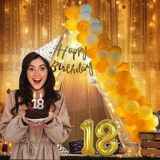 18th Birthday Decoration Kit – 27 Pcs | Canopy Tent Décor with Balloons, Curtains, Banner & Lights