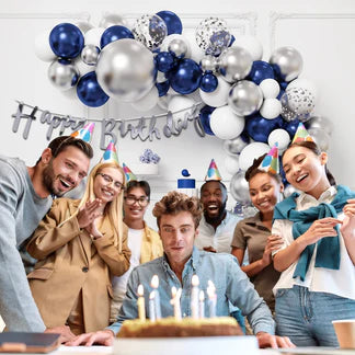 Birthday Decoration Kit for Boys - 57 Pcs Blue & Silver Balloons | Happy Birthday Decor