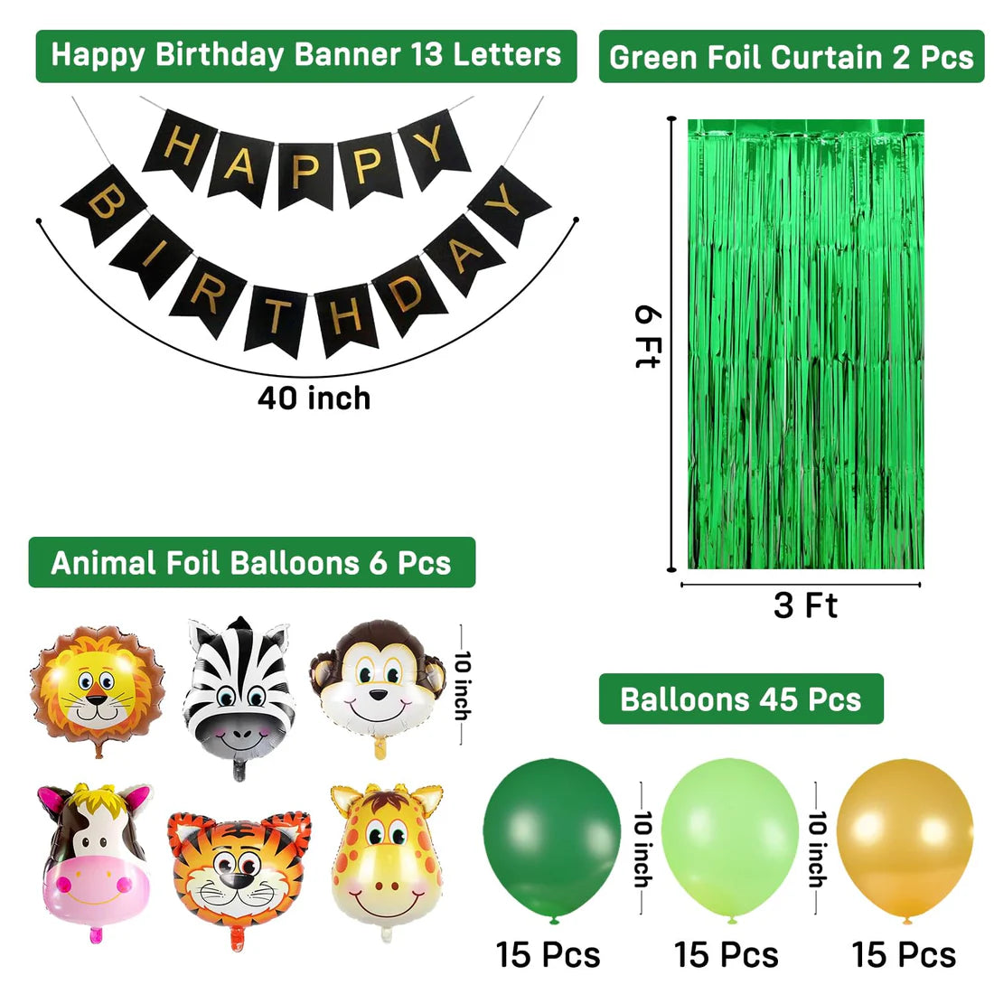 Jungle Theme Birthday Decoration Kit – 66 Pcs | Safari Balloons, Foil Curtains & Banner Set