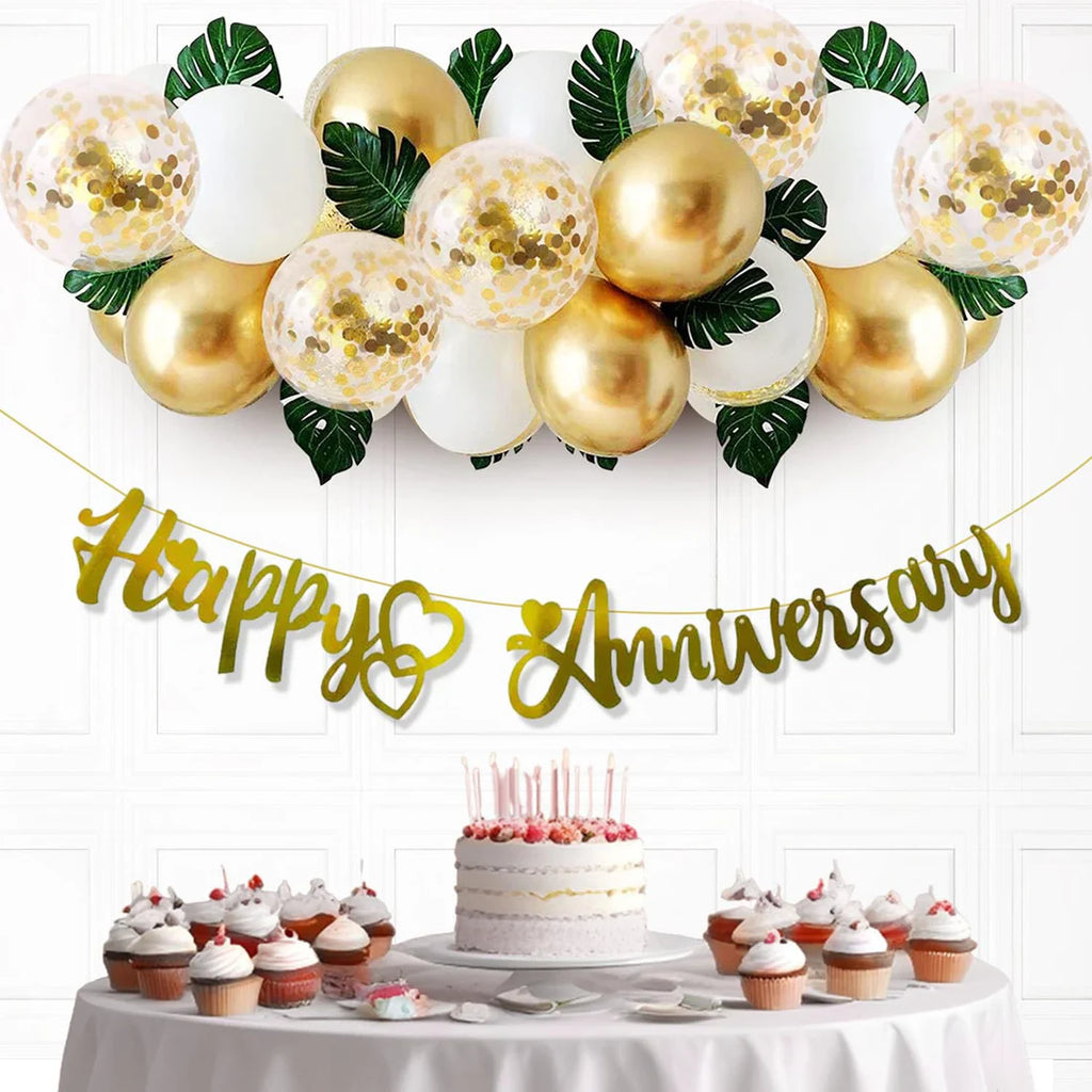 Golden Wedding Anniversary Decoration Items - 36 Pcs Golden Balloons & Artificial Leaves