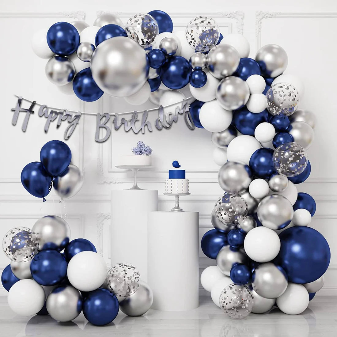 Birthday Decoration Kit for Boys - 57 Pcs Blue & Silver Balloons | Happy Birthday Decor