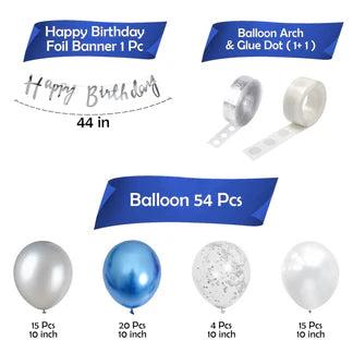 Birthday Decoration Kit for Boys - 57 Pcs Blue & Silver Balloons | Happy Birthday Decor