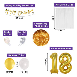 18th Birthday Decoration Kit – 27 Pcs | Canopy Tent Décor with Balloons, Curtains, Banner & Lights