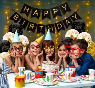 Happy Birthday Decoration Black Gold Combo - Pack of 18