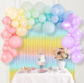 Rainbow Theme Birthday Decoration Kit - 64 Pcs | Pastel Balloons, Fringe Curtains & Arch Roll