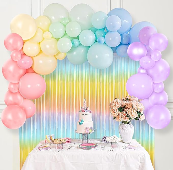 Rainbow Theme Birthday Decoration Kit - 64 Pcs | Pastel Balloons, Fringe Curtains & Arch Roll