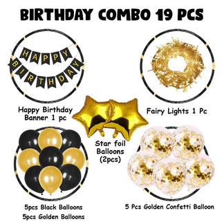 Happy Birthday Decoration Black Gold Combo - Pack of 18