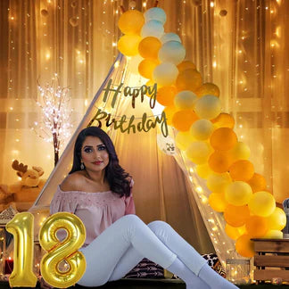 18th Birthday Decoration Kit – 27 Pcs | Canopy Tent Décor with Balloons, Curtains, Banner & Lights