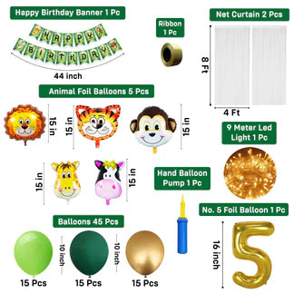 Jungle Theme 5th Birthday Decoration Kit for Boys – 57 Pcs Animal Balloons, LED Light, Balloon Arch, Net Curtains