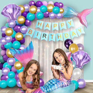 Mermaid Theme Birthday Decorations for Girls – 59 Pcs Decoration Kit with Balloons & Backdrop