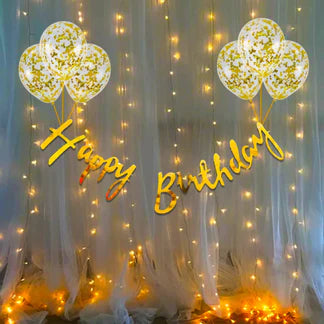 Golden Theme Birthday Decoration Kit – Banner, Balloons & LED Light