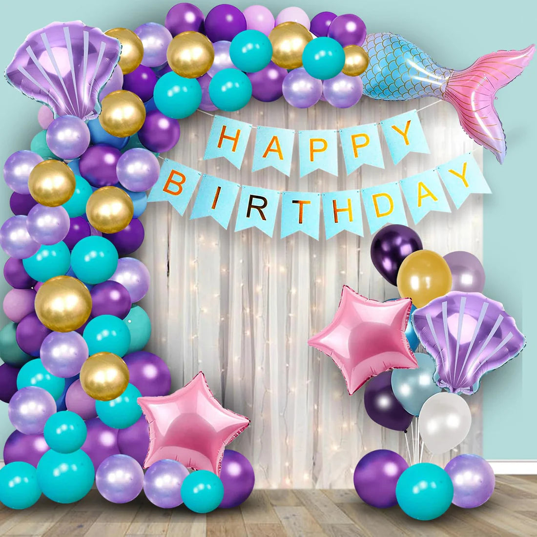 Mermaid Theme Birthday Decorations for Girls – 59 Pcs Decoration Kit with Balloons & Backdrop
