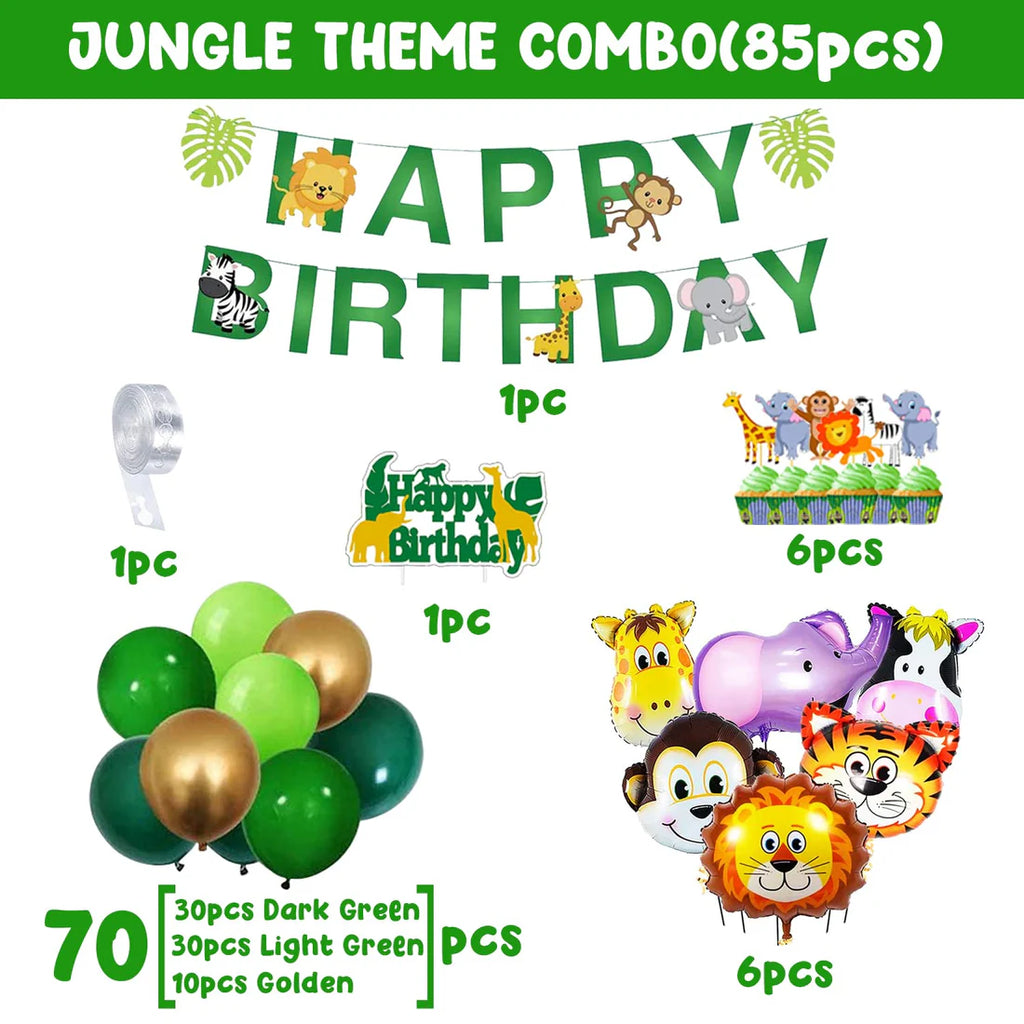 Green Jungle Theme Birthday Decoration - 85 Pcs