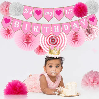 Baby girl’s 6-month milestone Celebration with this cute 13pcs half birthday décor set.