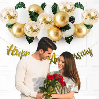 Golden Wedding Anniversary Decoration Items - 36 Pcs Golden Balloons & Artificial Leaves