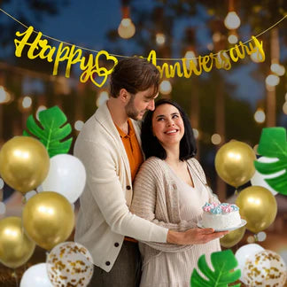 Golden Wedding Anniversary Decoration Items - 36 Pcs Golden Balloons & Artificial Leaves