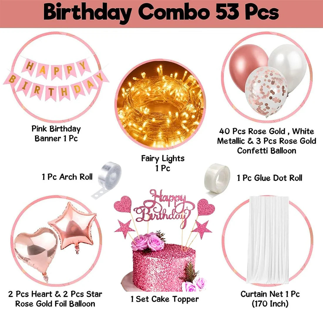 Birthday Decoration Items for Girls – 53 Pcs Rose Gold Birthday Kit with Banner, Balloons & Lights