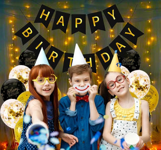 Happy Birthday Decoration Black Gold Combo - Pack of 18