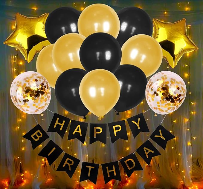 Happy Birthday Decoration Black Gold Combo - Pack of 18