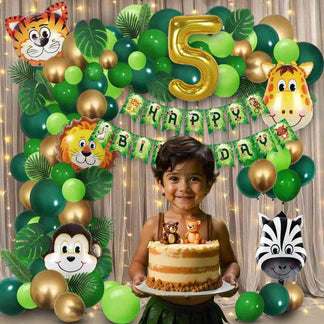 Jungle Theme 5th Birthday Decoration Kit for Boys – 57 Pcs Animal Balloons, LED Light, Balloon Arch, Net Curtains
