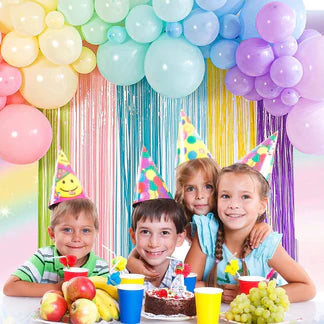 Rainbow Theme Birthday Decoration Kit - 64 Pcs | Pastel Balloons, Fringe Curtains & Arch Roll