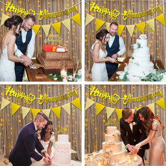 Golden Anniversary Decoration Kit – 4 Pcs | Banner, Cake Topper & LED Fairy Light Combo