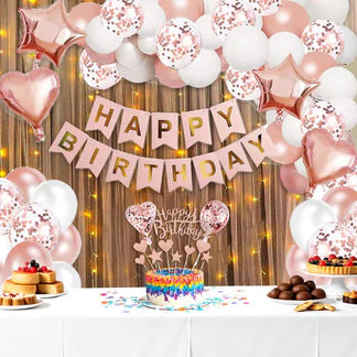 Birthday Decoration Items for Girls – 53 Pcs Rose Gold Birthday Kit with Banner, Balloons & Lights