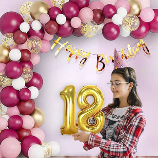 18th Birthday Decoration Kit for Girls – 64 Pcs | Balloons, Foil Numbers & Golden Banner Set