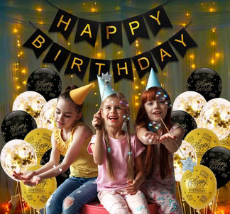 Happy Birthday Decoration Black Gold Combo - Pack of 18