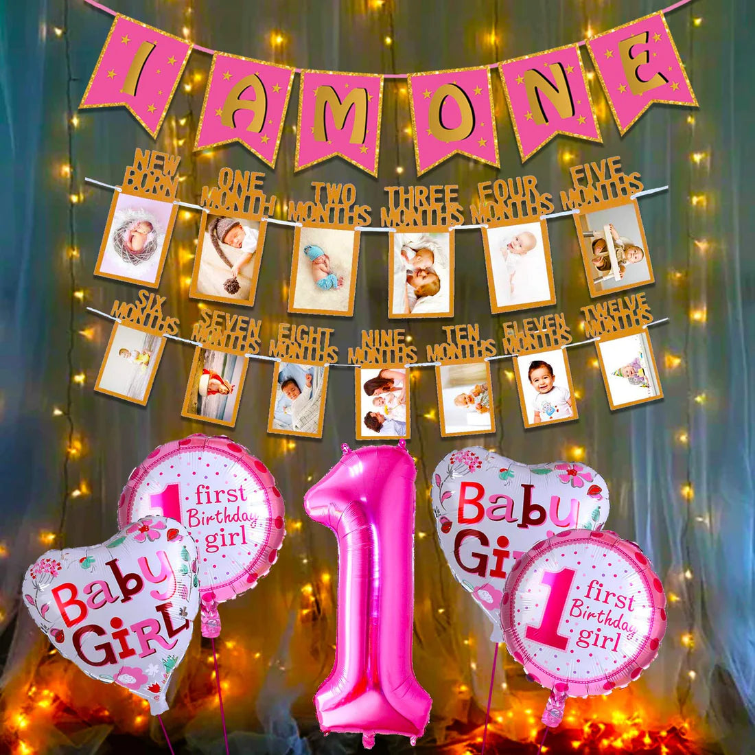 Pink 1st Birthday Decoration For Baby Girl With Warm Led Light Set I Am One Paper Banner, 1-12 Month Milestone Paper Banner, Number 1 Foil Balloon And Round Foil Balloons Combo-8Pcs.