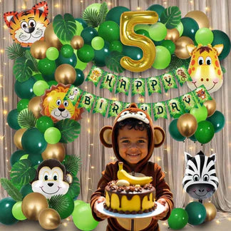 Jungle Theme 5th Birthday Decoration Kit for Boys – 57 Pcs Animal Balloons, LED Light, Balloon Arch, Net Curtains