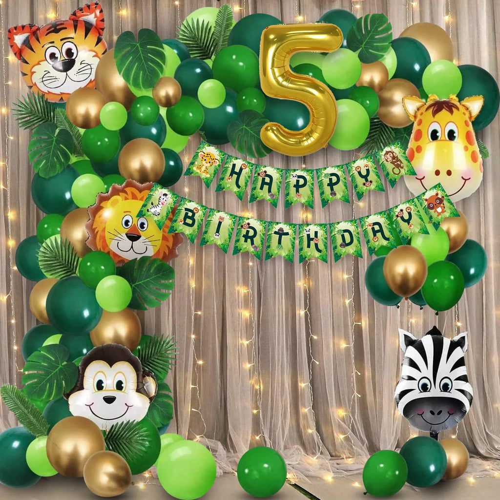 Jungle Theme 5th Birthday Decoration Kit for Boys – 57 Pcs Animal Balloons, LED Light, Balloon Arch, Net Curtains