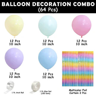 Rainbow Theme Birthday Decoration Kit - 64 Pcs | Pastel Balloons, Fringe Curtains & Arch Roll