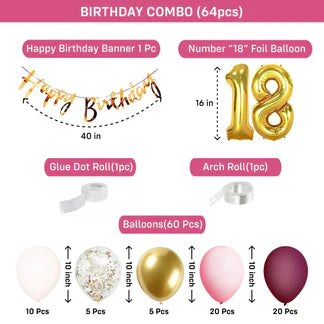 18th Birthday Decoration Kit for Girls – 64 Pcs | Balloons, Foil Numbers & Golden Banner Set