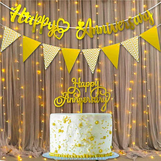 Golden Anniversary Decoration Kit – 4 Pcs | Banner, Cake Topper & LED Fairy Light Combo