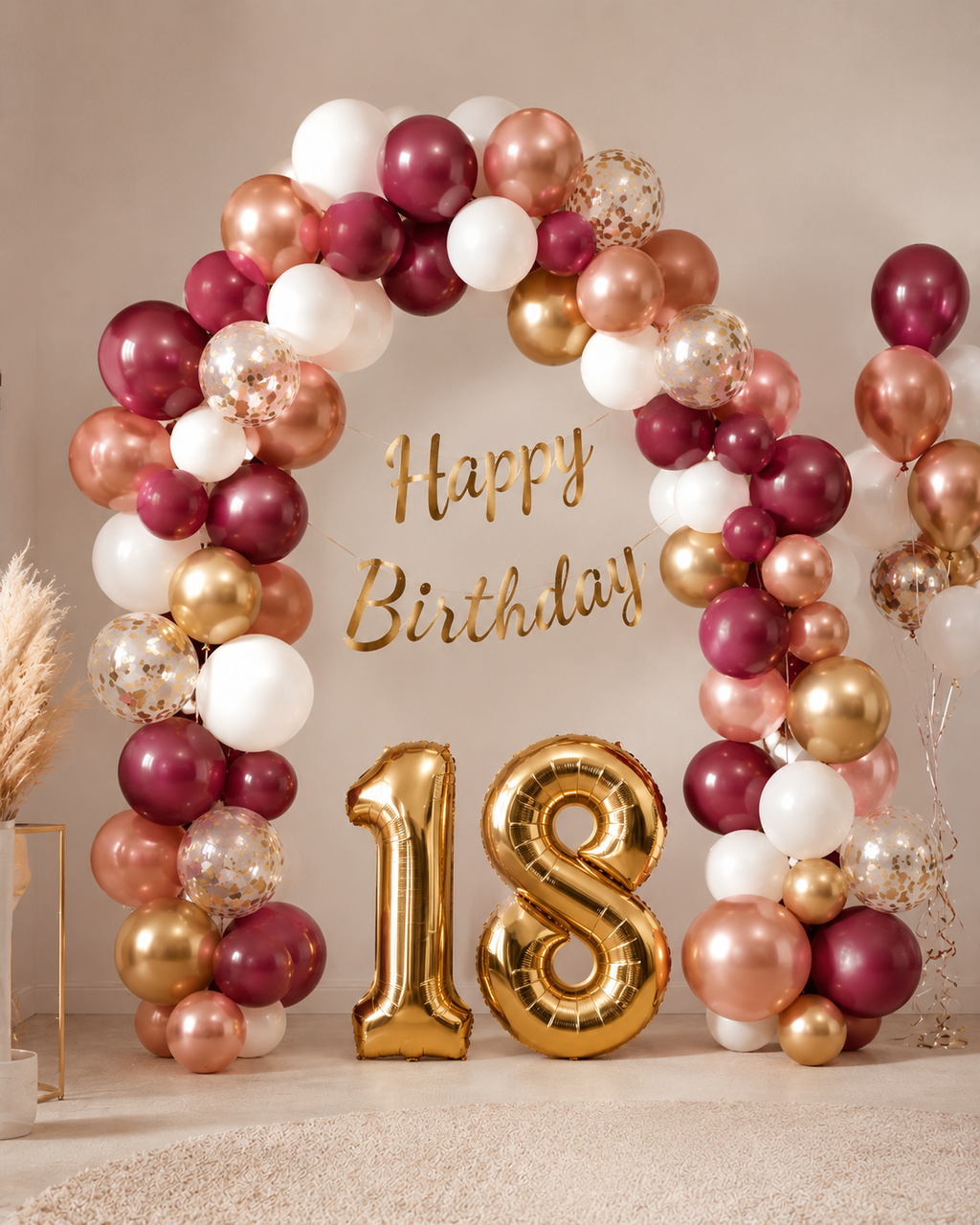 18th Birthday Decoration Kit for Girls – 64 Pcs | Balloons, Foil Numbers & Golden Banner Set