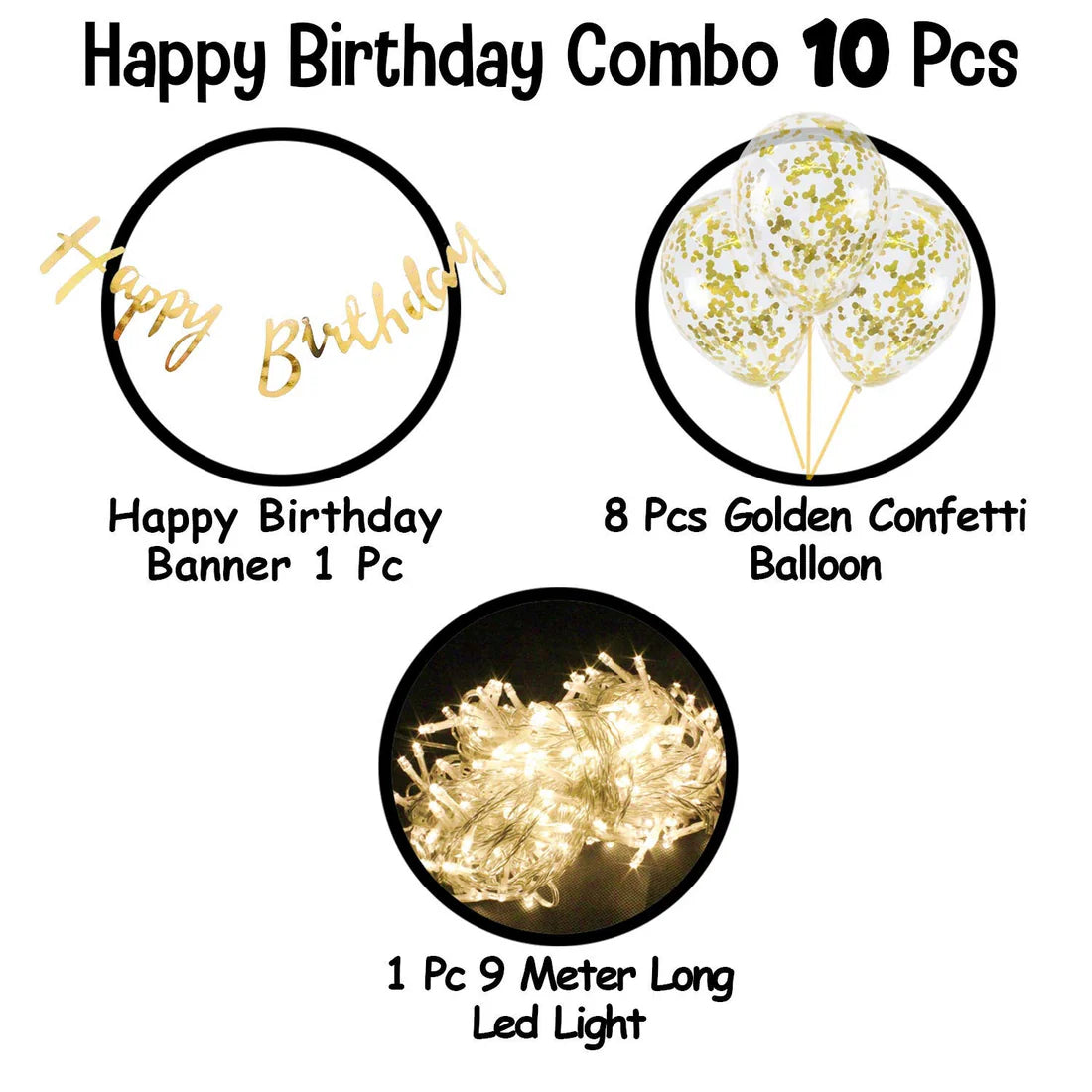 Golden Theme Birthday Decoration Kit – Banner, Balloons & LED Light