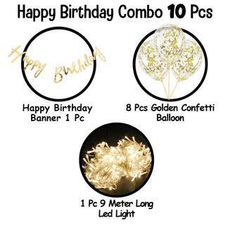 Golden Theme Birthday Decoration Kit – Banner, Balloons & LED Light