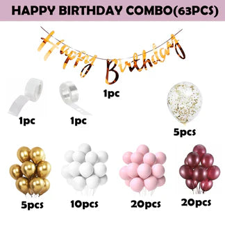 Birthday Decoration Items - 63Pcs (Burgundy)