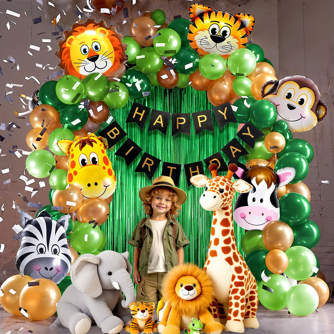 Jungle Theme Birthday Decoration Kit – 66 Pcs | Safari Balloons, Foil Curtains & Banner Set